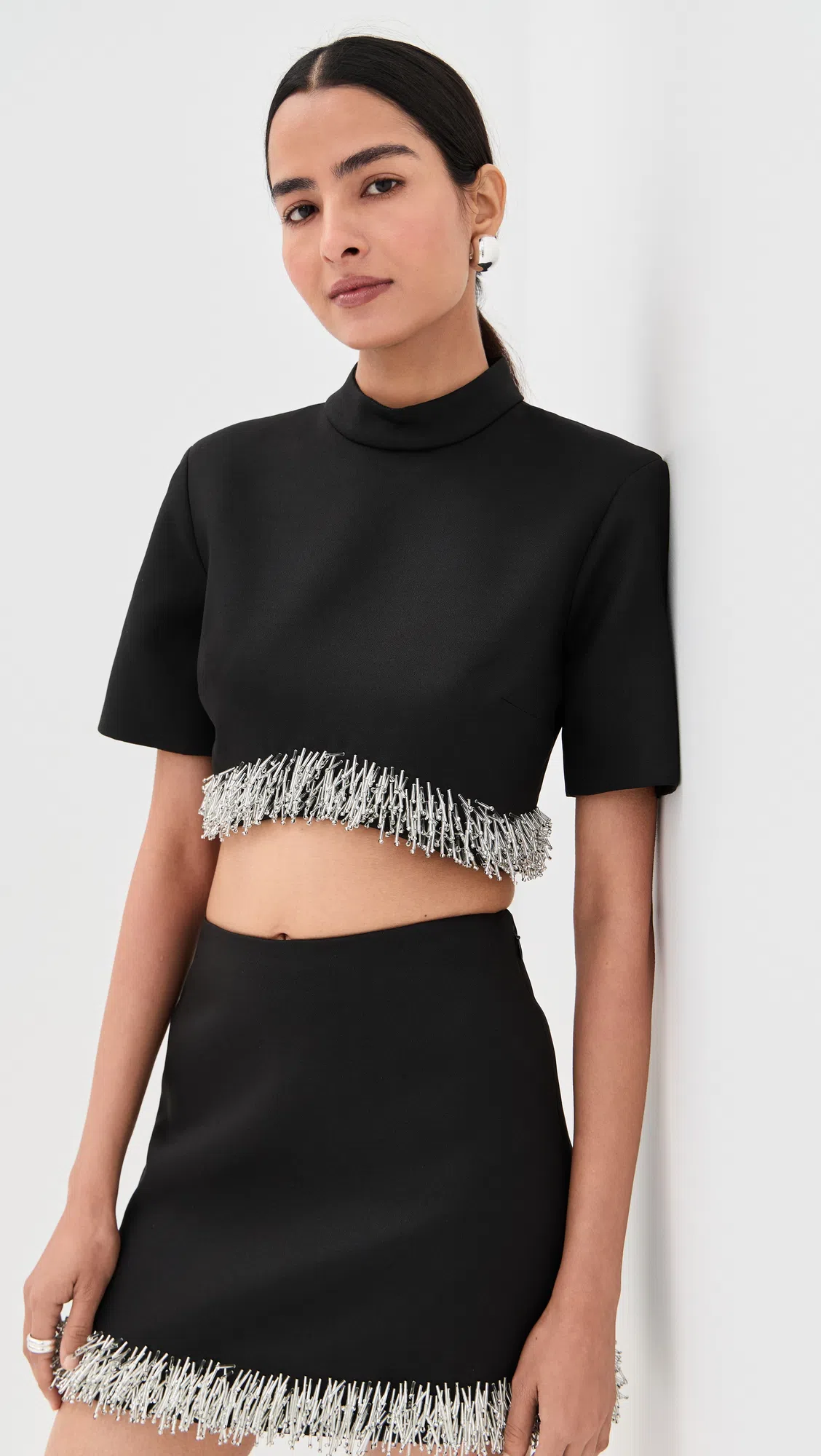 SIMKHAI Jalen Beaded Short-sleeve Crop Top In Black