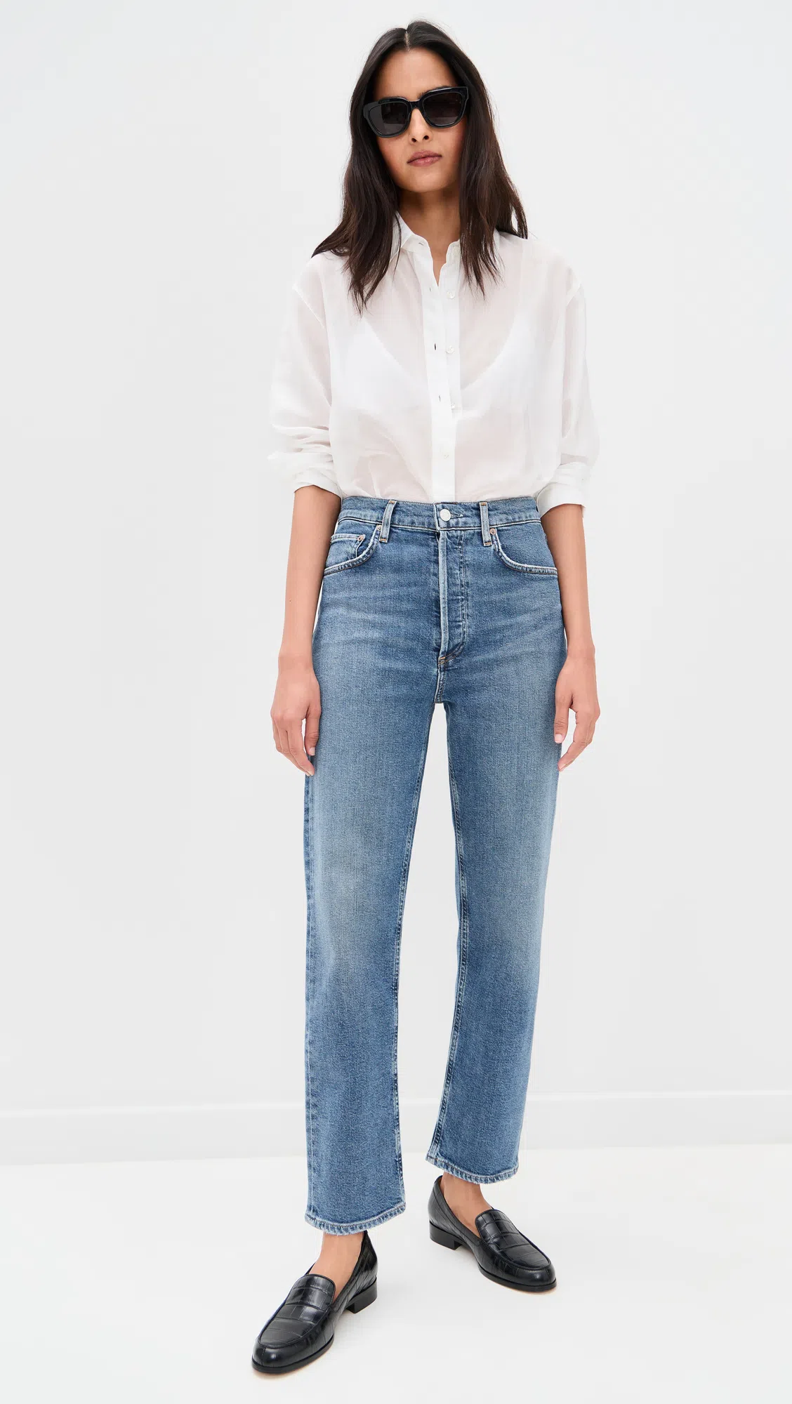 AGOLDE 90's Pinch Waist Long Frayed High-rise Straight-leg Jeans In Blue