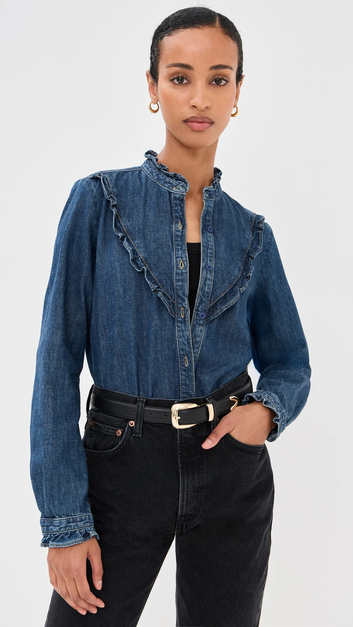 NILI LOTAN Marcela Ruffled-collar Shirt In Blue