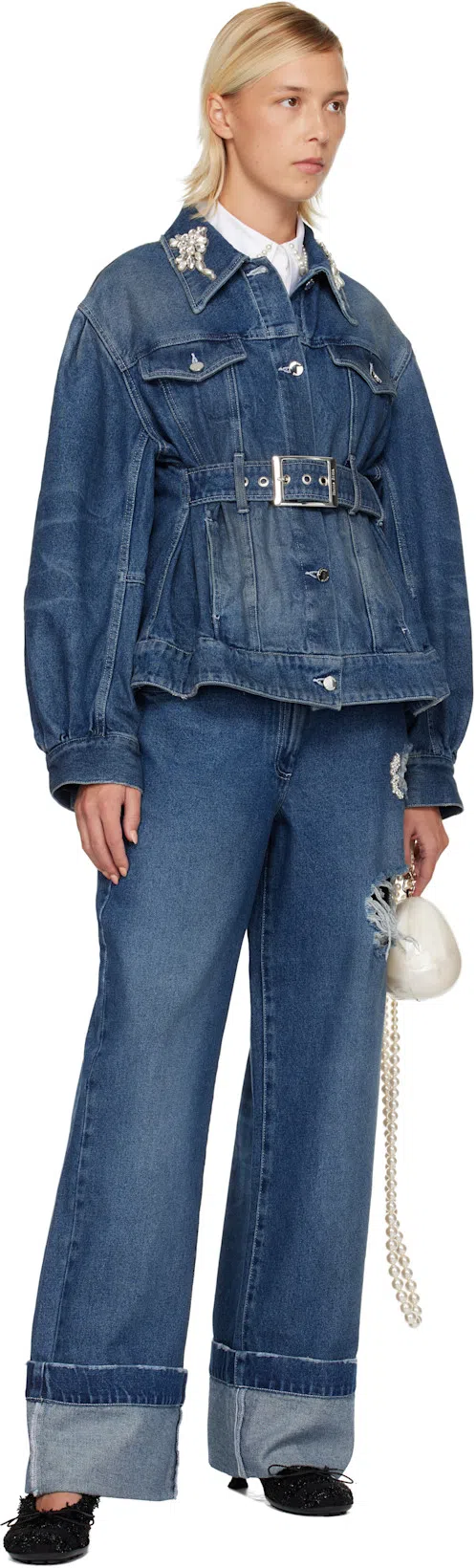 SIMONE ROCHA Blue Turbo Embellished Sculpted Belt Detail Denim Jacket