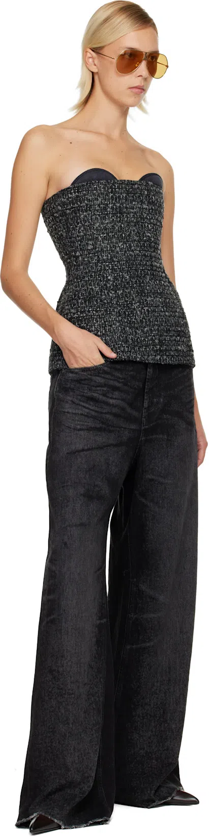 DIESEL Bouclé Corset Top With Ultra-low Cut In Black