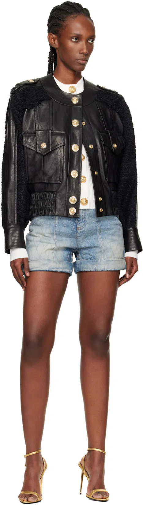 BALMAIN Rolled Hem Denim Shorts With Diamond Stitched Pattern In Blue