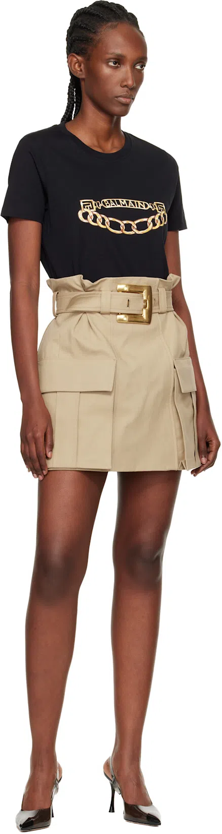 BALMAIN Gabardine Mini Skirt With Gold-tone Hardware In Neutral