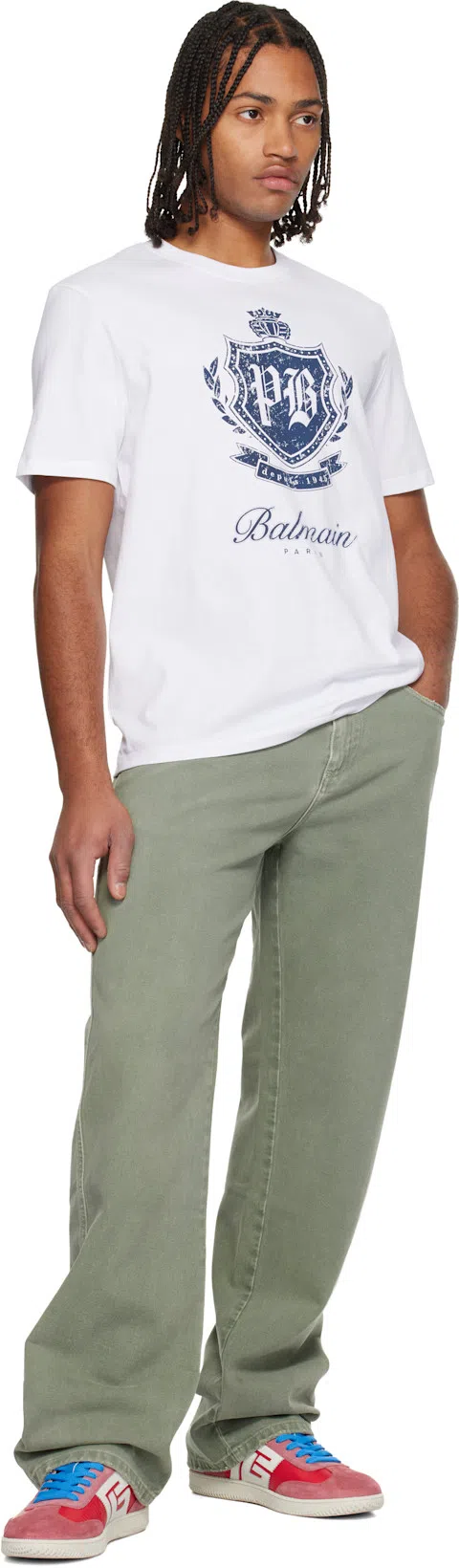 BALMAIN Short-sleeved T-shirt With College Emblem Print In White