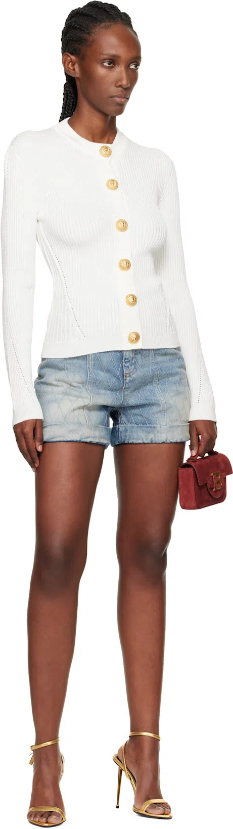 BALMAIN Rolled Hem Denim Shorts With Diamond Stitched Pattern In Blue
