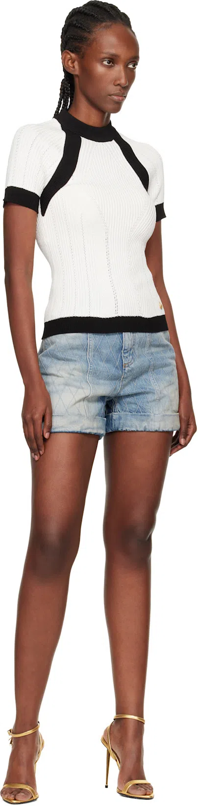 BALMAIN Rolled Hem Denim Shorts With Diamond Stitched Pattern In Blue