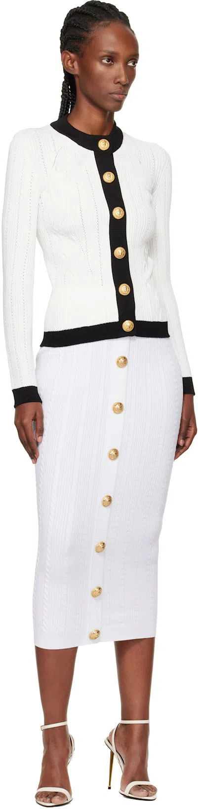 BALMAIN Bicolor Knit Cardigan With Embossed Buttons In White