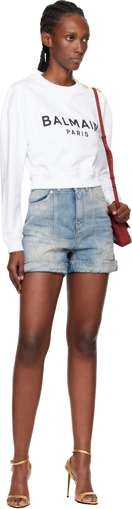 BALMAIN Rolled Hem Denim Shorts With Diamond Stitched Pattern In Blue