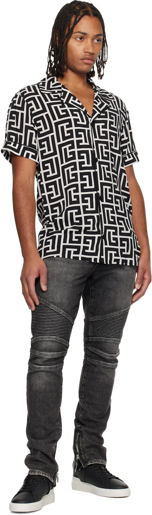 BALMAIN Monogram Printed Short-sleeved Shirt In Black