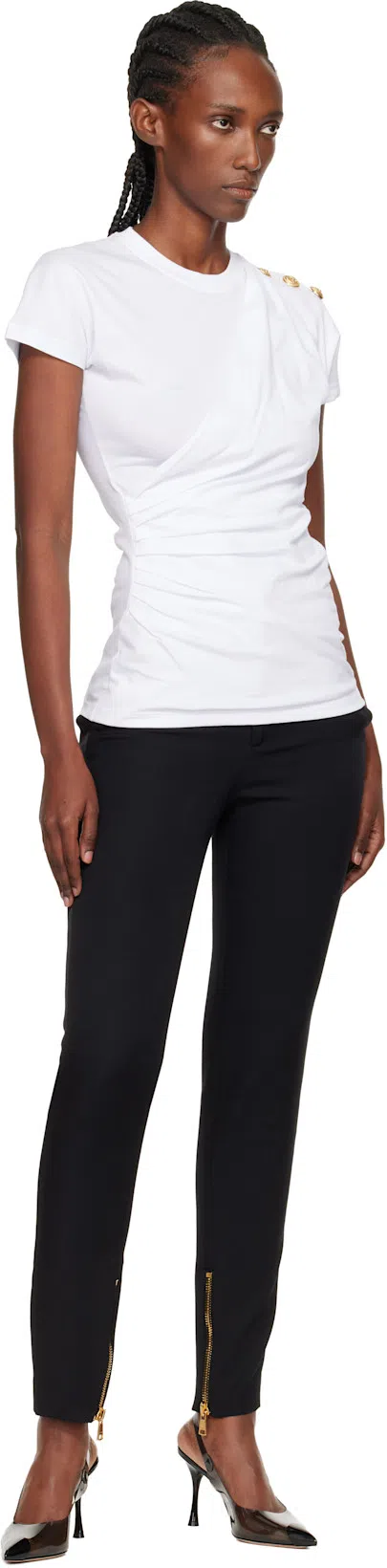 BALMAIN Cotton T-shirt With Button Detail And Draped Design In White