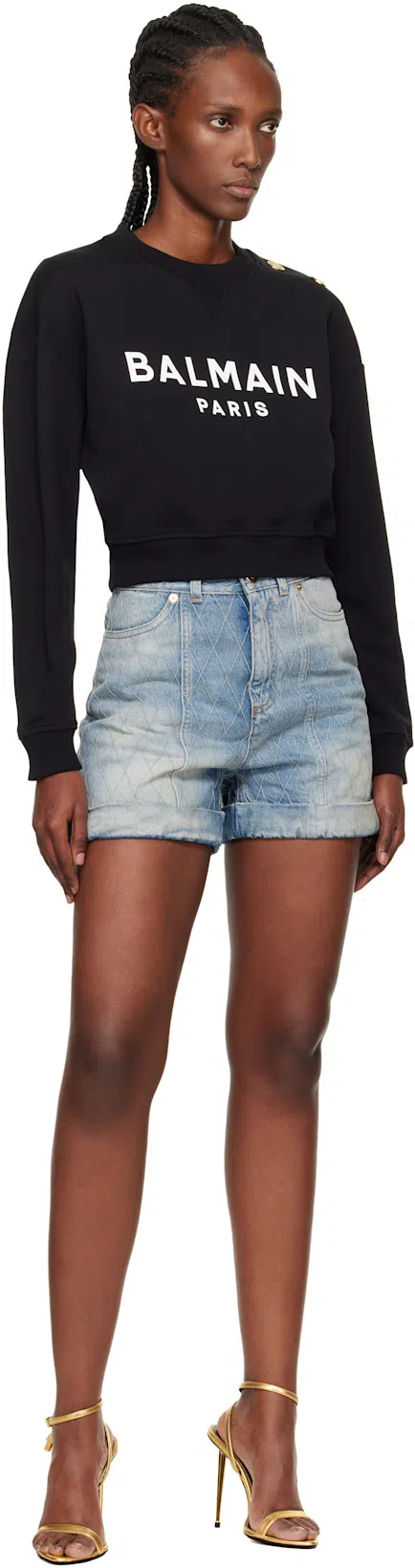 BALMAIN Rolled Hem Denim Shorts With Diamond Stitched Pattern In Blue