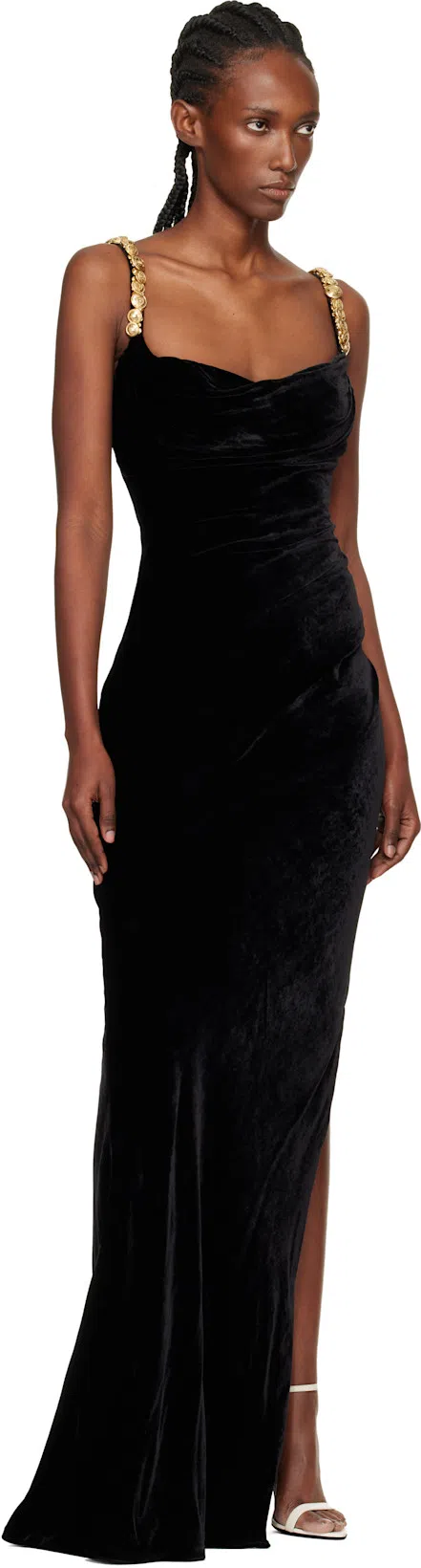 BALMAIN Button Cowl-neck Velvet Slit Maxi Dress In Black