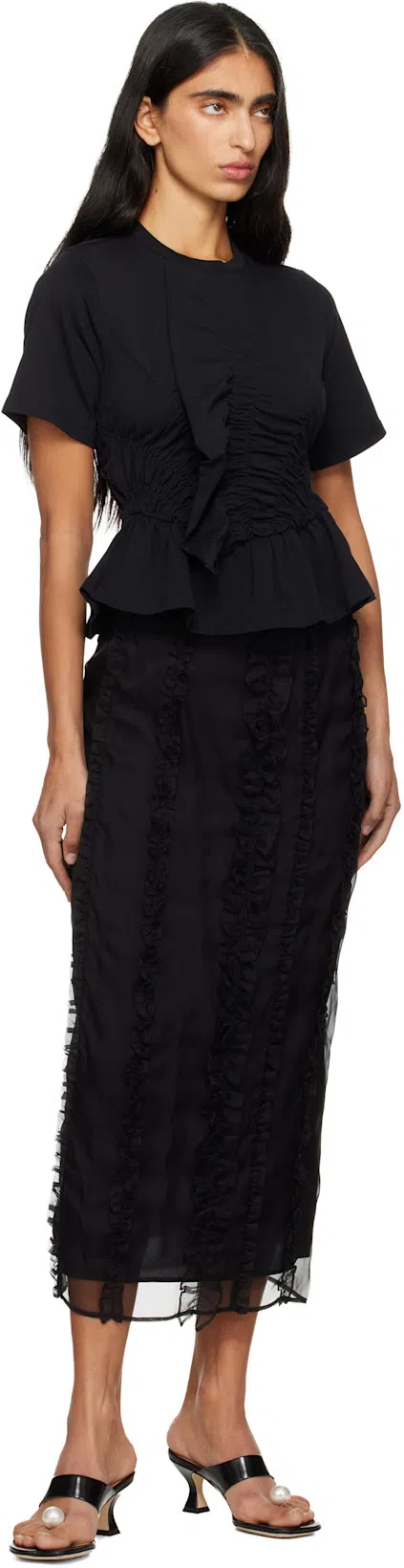 CECILIE BAHNSEN Ruched Stretch-cotton Jersey T-shirt In Black