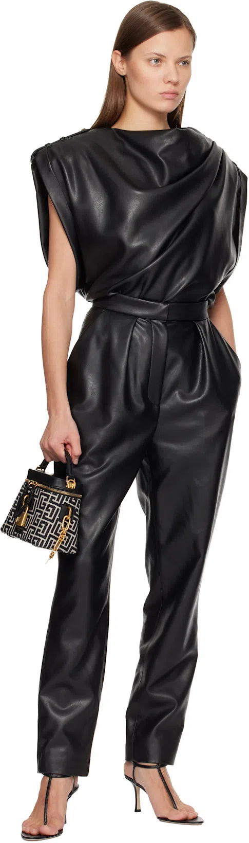 BALMAIN Cropped Eco-leather Draped Top In Black