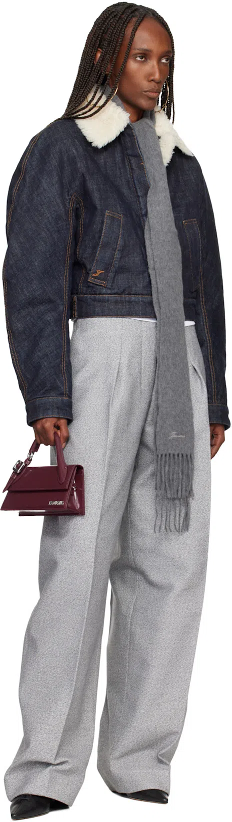 JACQUEMUS Le Bomber De-nimes Ovalo Blue Jacket With Fur Collar And Two Front Welt Pockets In Denim Woman