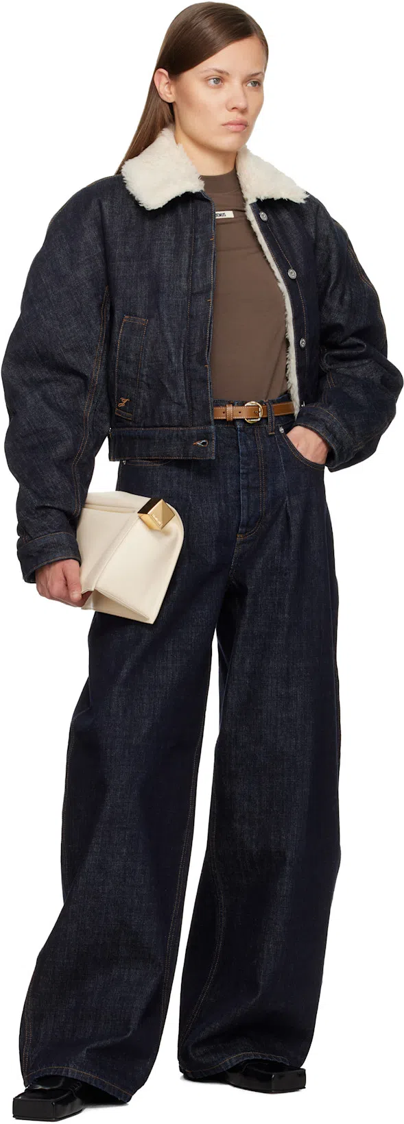 JACQUEMUS Le Bomber De-nimes Ovalo Blue Jacket With Fur Collar And Two Front Welt Pockets In Denim Woman