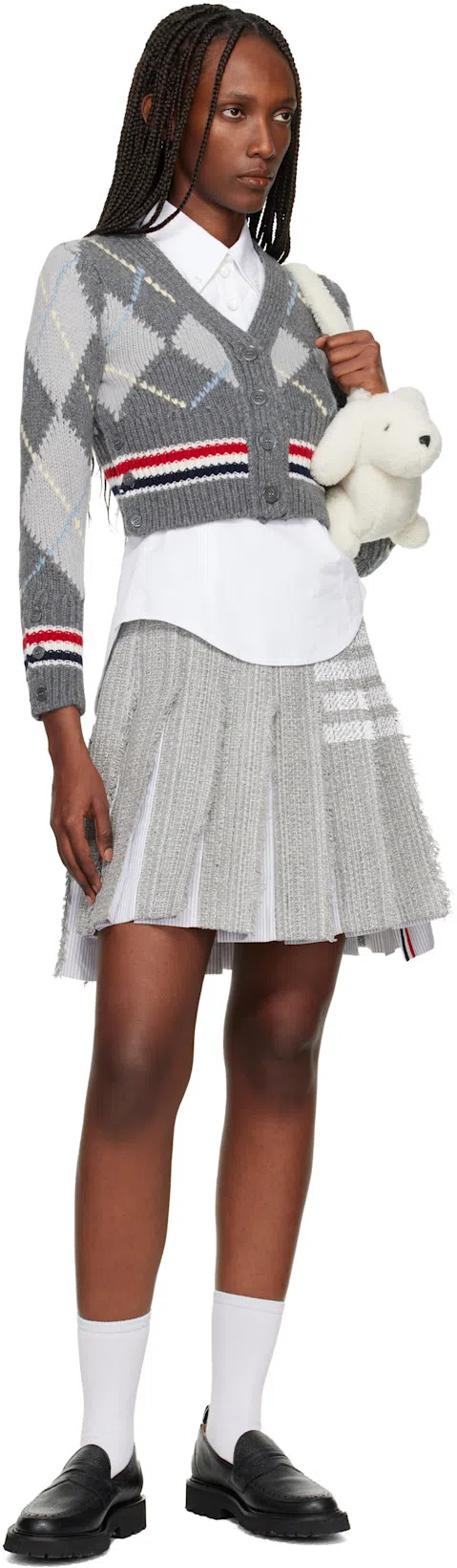 THOM BROWNE Argyle Intarsia Shrunken Virgin Wool Blend Cardigan In Gray