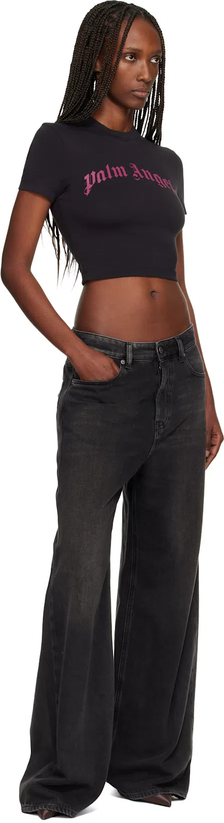 PALM ANGELS Cropped T-shirt With Gothic Fuchsia Print In Black