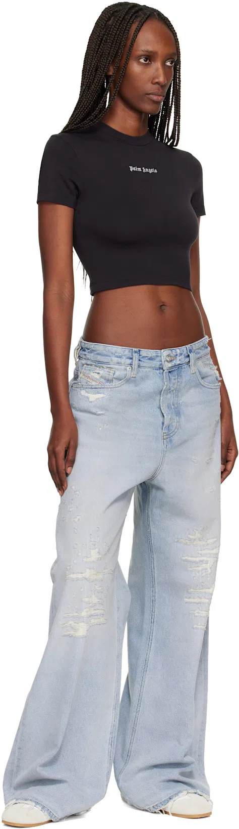 PALM ANGELS Cropped Black And White Logo T-shirt In Brown