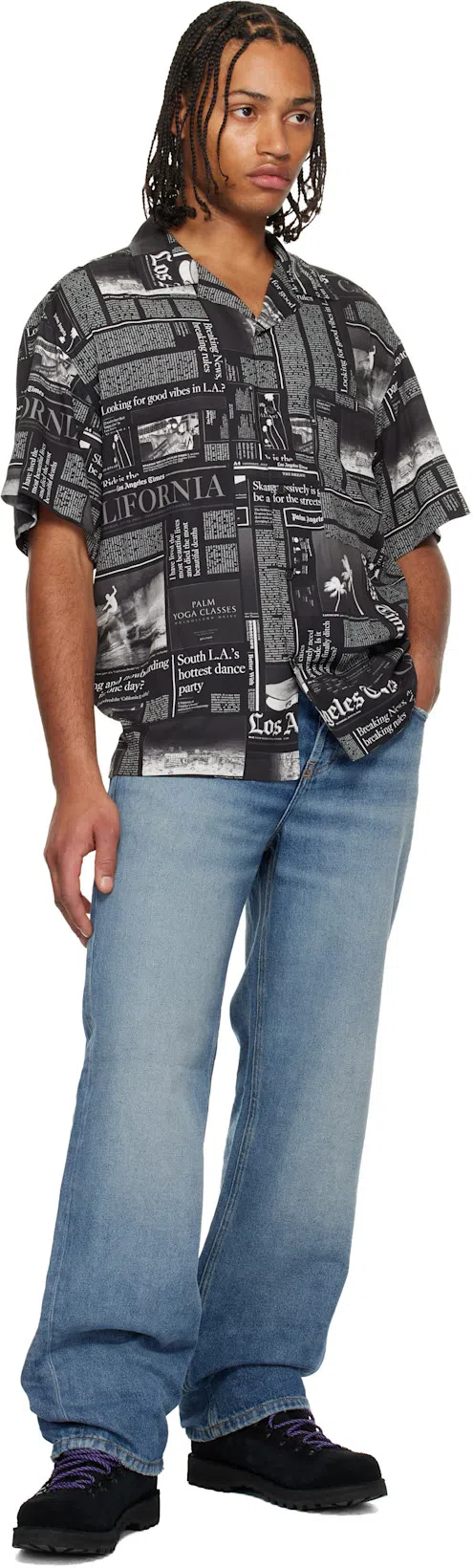 PALM ANGELS Newspaper Motif Short-sleeved Shirt In Black