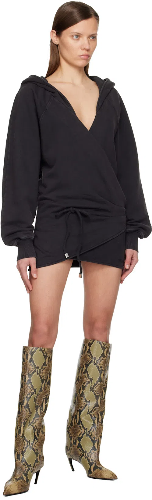 ATTICO Hooded Wrap Dress Long Sleeves Drawstring In Black