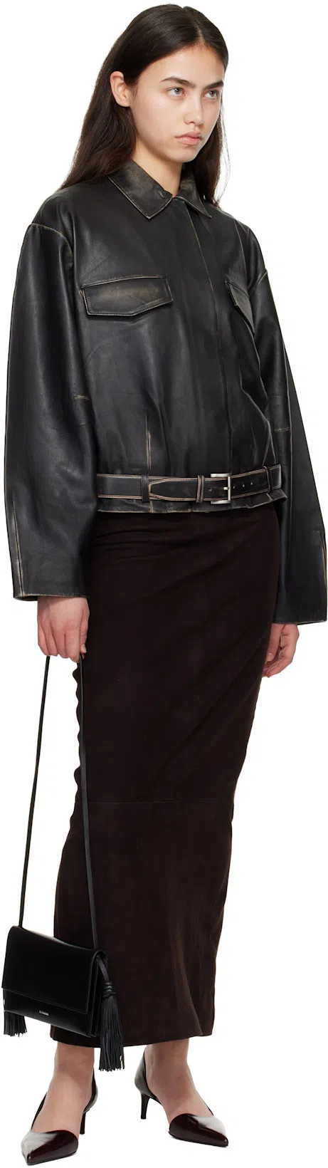 ST AGNI Belted Brushed-leather Jacket In Black
