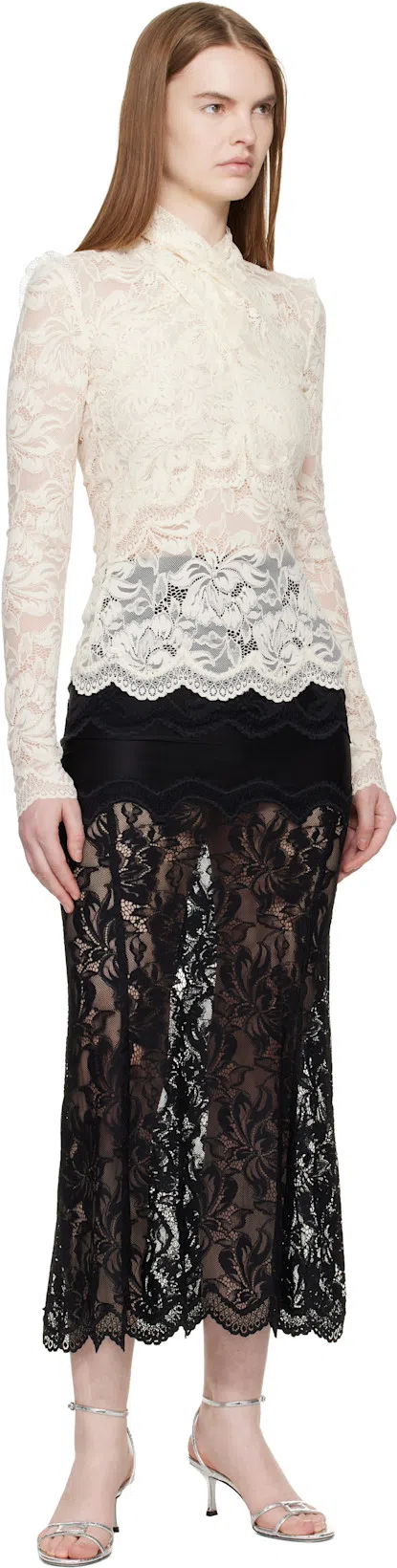 RABANNE Lace-edged Midi Skirt With High Waist And Decorative Buttons In Black
