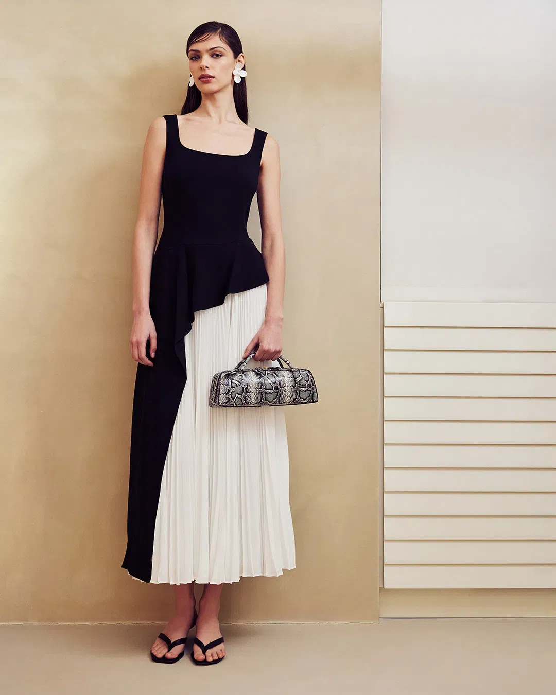 SIMKHAI Zayla Black And White Dress With Pleated Skirt And Squared Neckline In Tech Fabric Woman