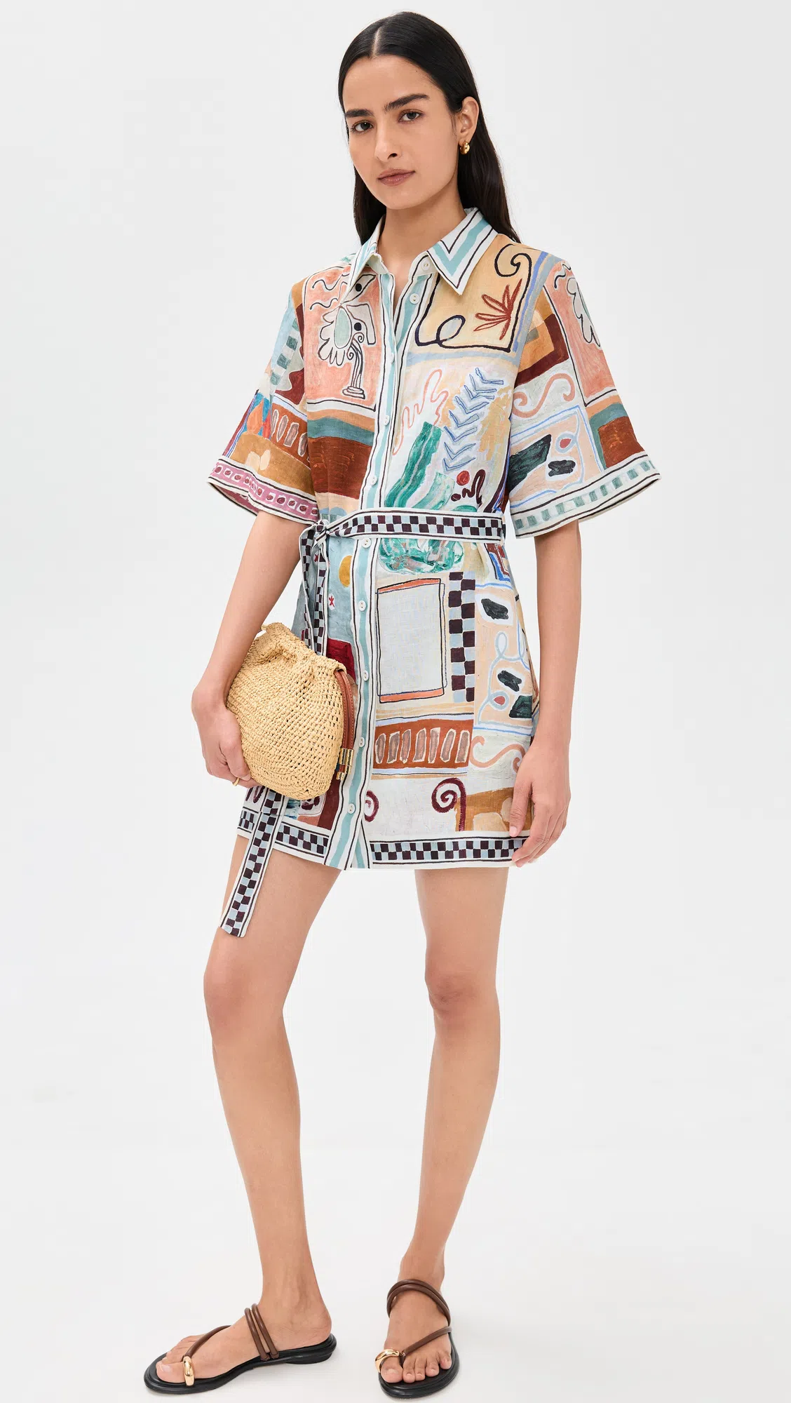 ALEMAIS Michelle Multicolor Mini Dress With Classic Collar And All-over Geometric Motif In Linen Woman