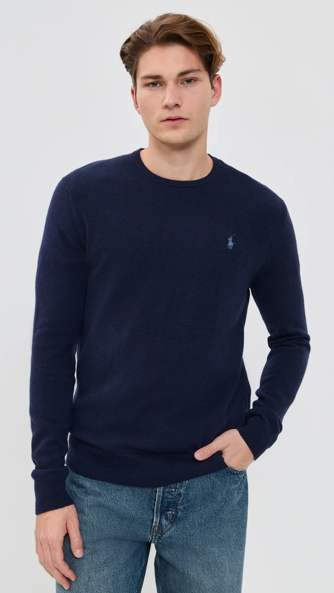 POLO RALPH LAUREN Merino Wool Crew Neck Sweater With Embroidered Logo And Ribbed Detailing In Blue
