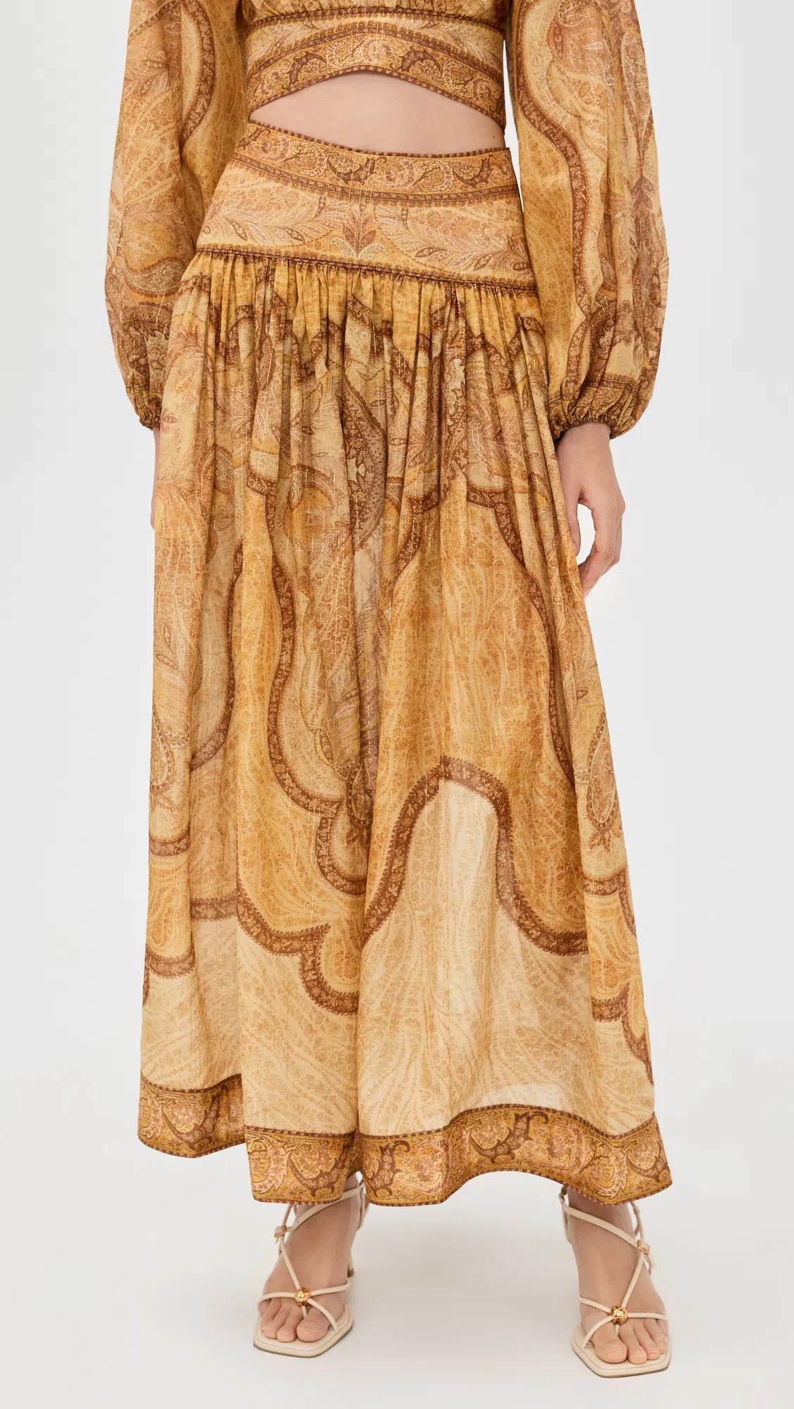 ZIMMERMANN Wanderlust Multicolor Cropped Top With Puffed Long Sleeves And All-over Paisley Motif In Cotton Blen In Gold