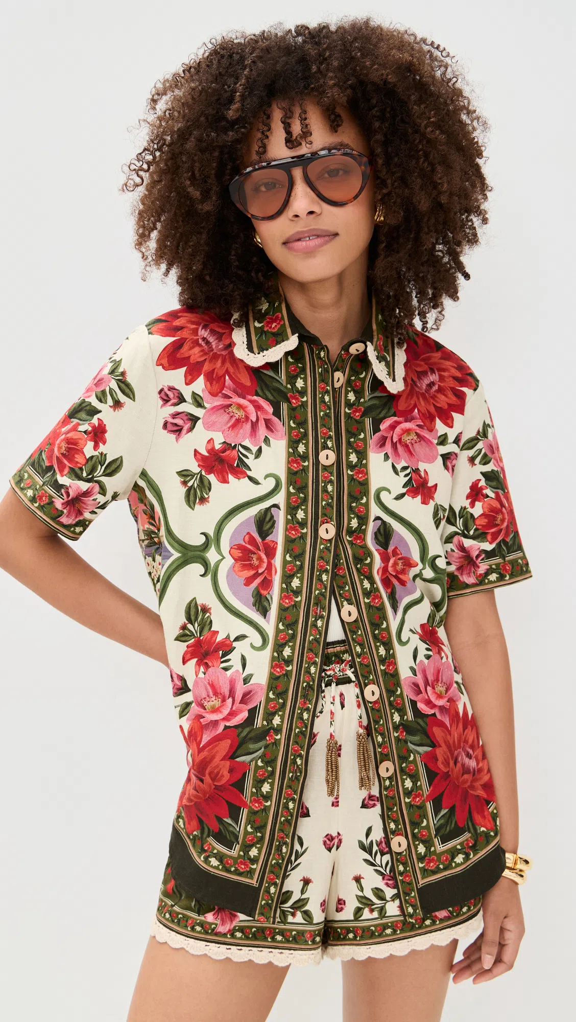 FARM RIO Wonder Multicolor Shirt With Lace Embroidered Classic Collar And All-over Floral Motif In Linen Blen