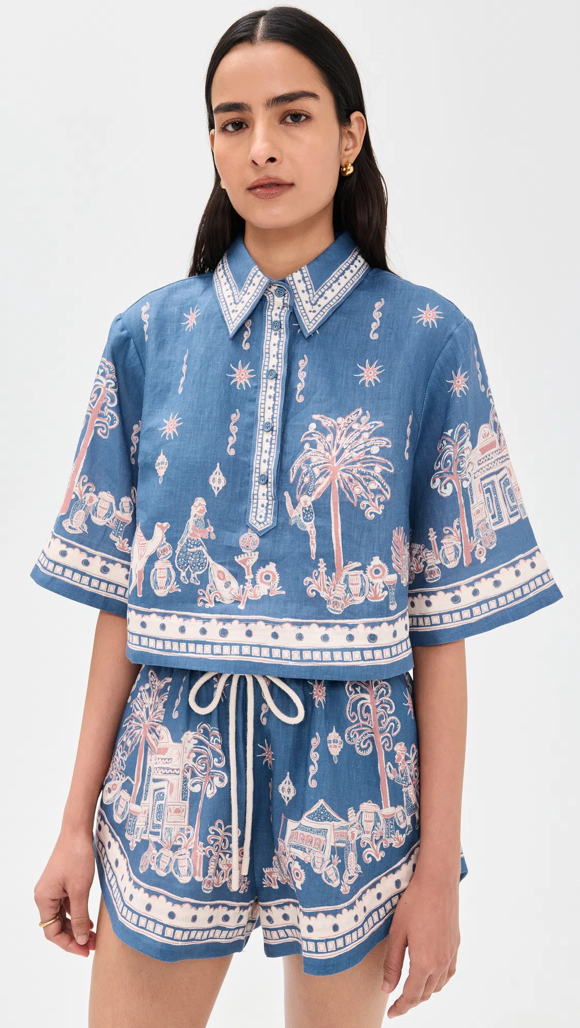 ALEMAIS Acacia Printed Mid-rise Shorts In Blue