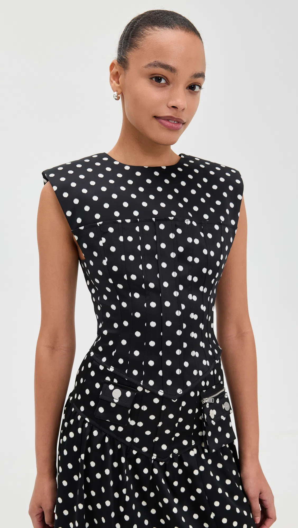 GANNI Womens Black Padded-shoulder Polka-dot Satin Corset Top