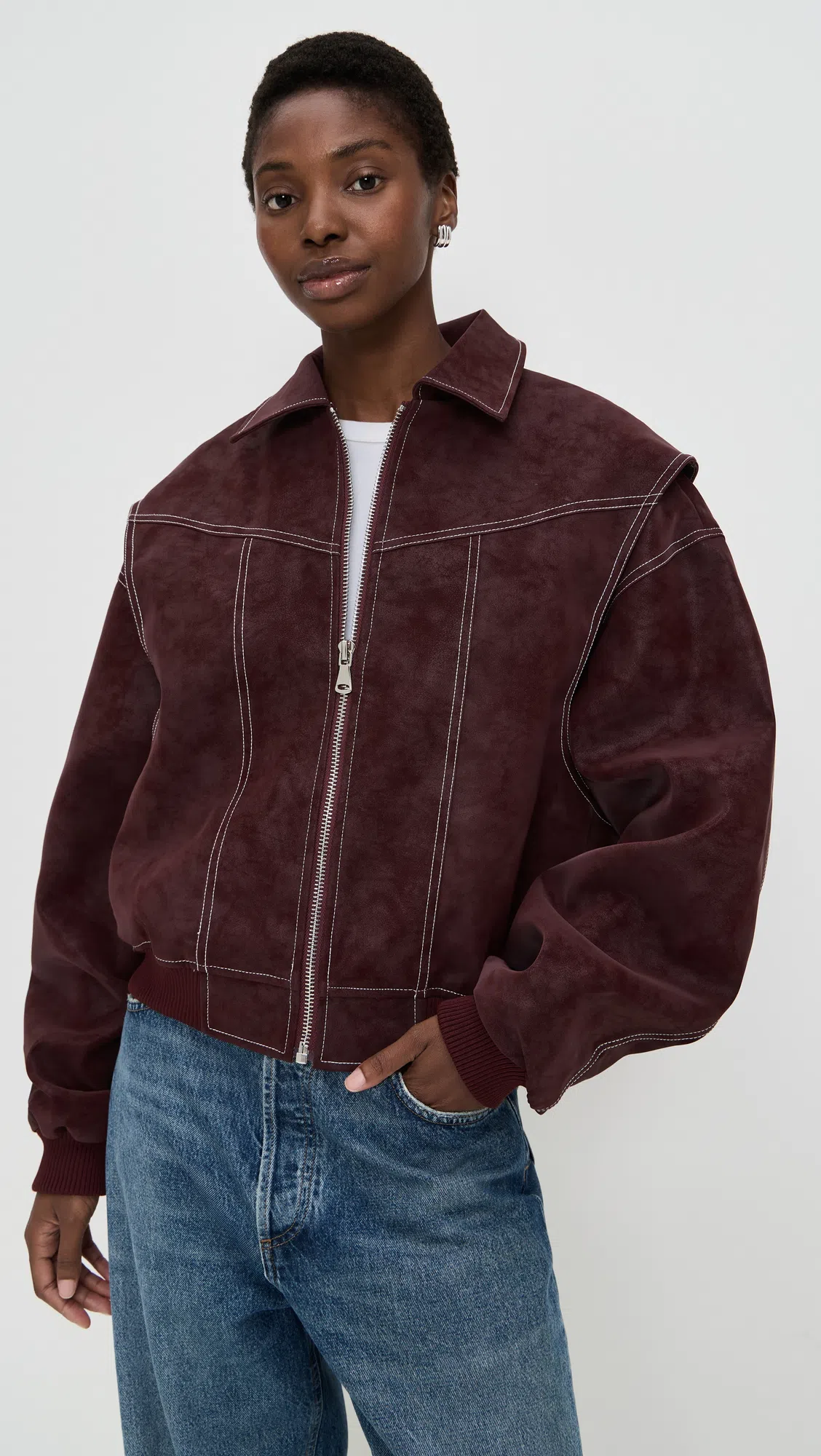 LIONESS Exclusive Vista Leather Look Contrast Stitch Bomber Jacket In Red