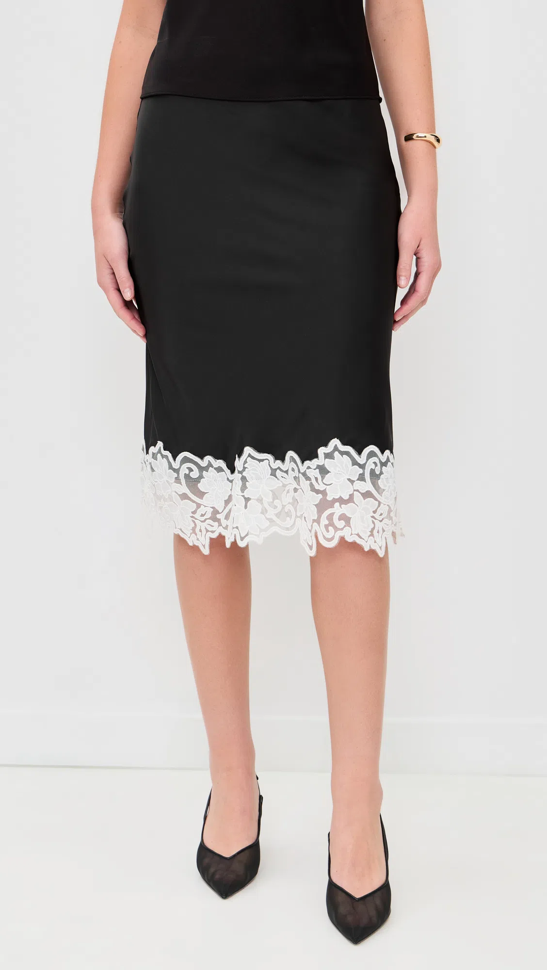 LIONESS Anchored Contrast Lace Hem Midi Skirt In Brown