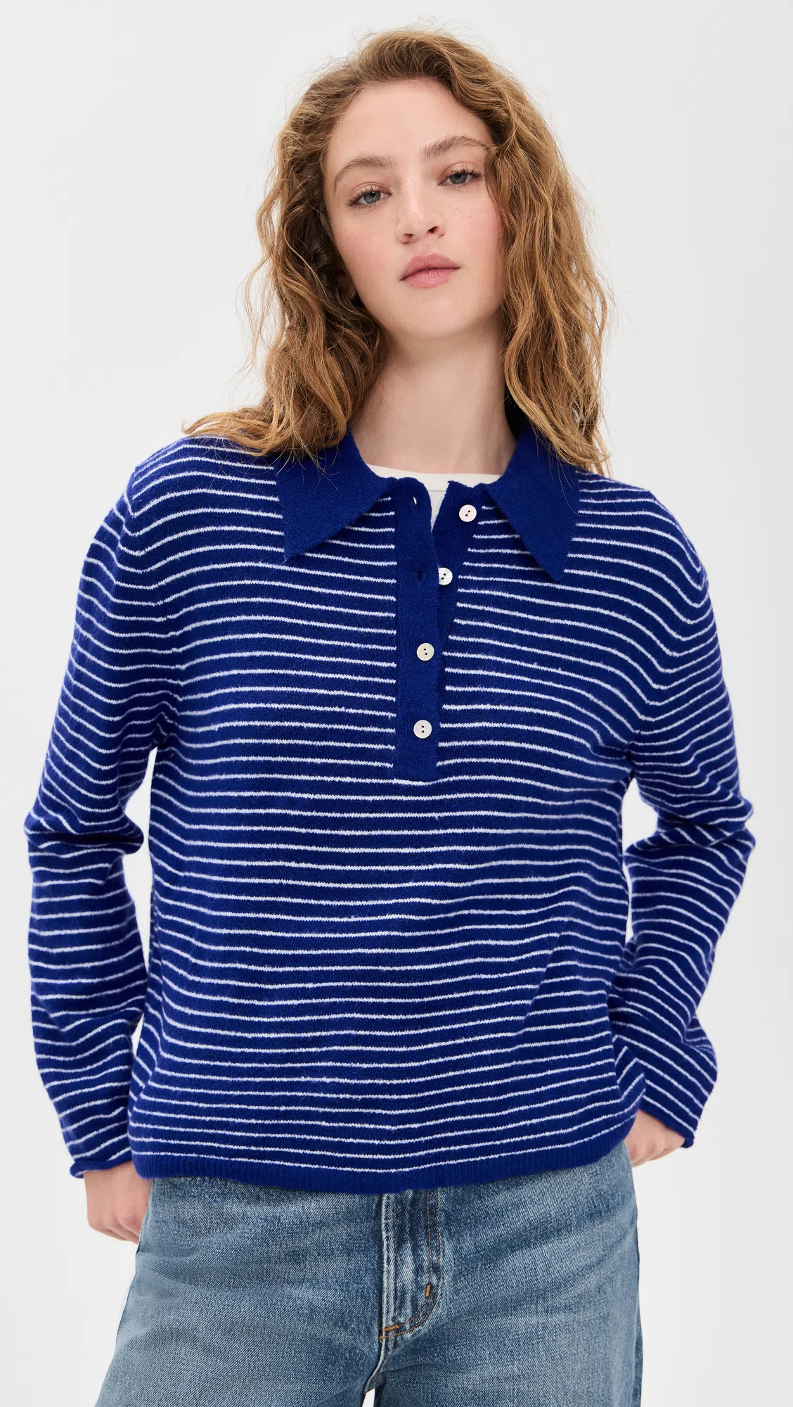LIONESS Mayfair Knitted Collar Detail Boxy Long Sleeve Polo Jumper In Blue