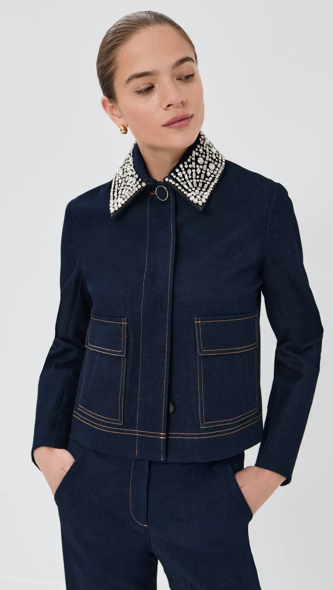 VERONICA BEARD Barrington Crystal-embellished Denim Jacket In Blue