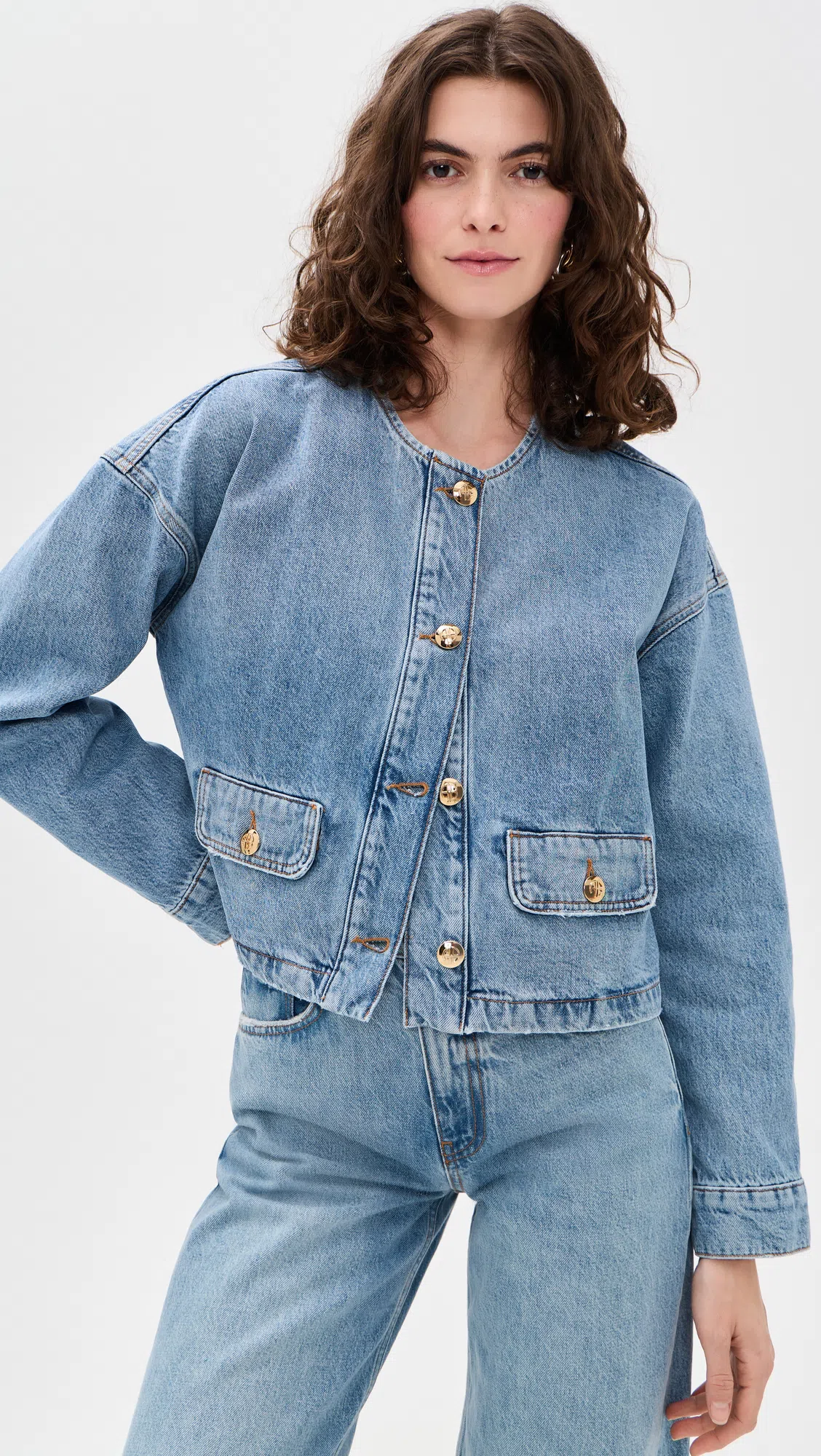 ANINE BING Blanchet Denim Jacket Round Neck Design In Blue