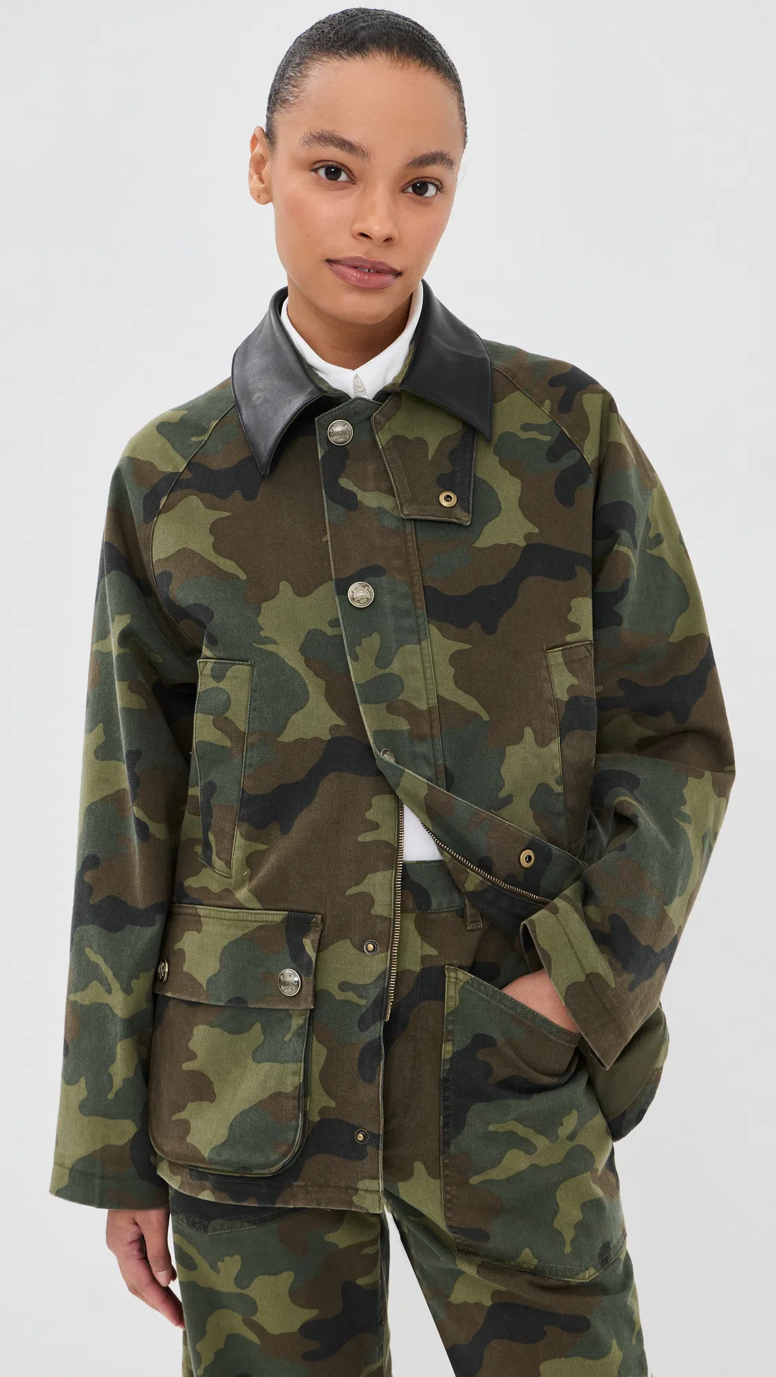 NILI LOTAN Casual Jacket High Collar Camouflage Pattern Pockets In Green