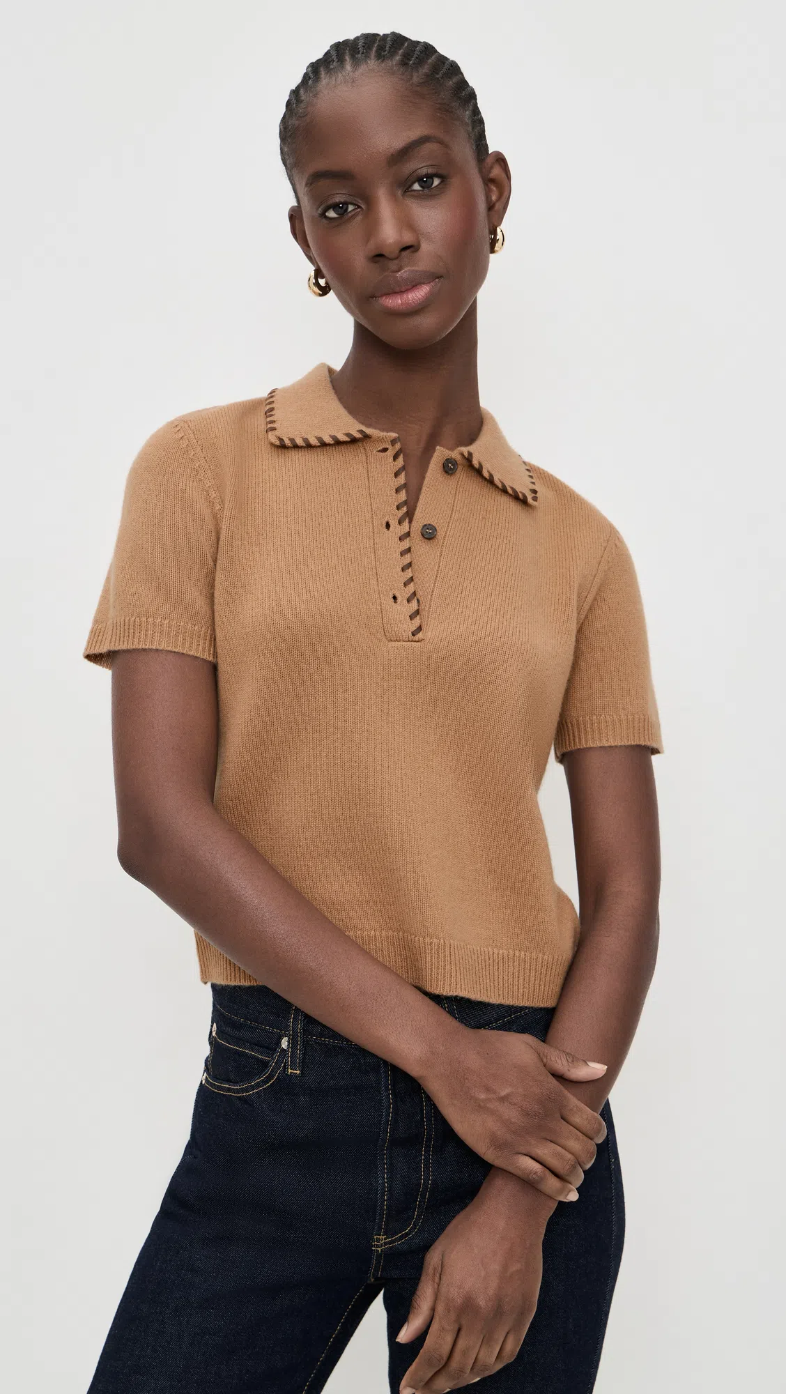 FRAME Whipstitched Leather-trimmed Wool And Cashmere-blend Polo Shirt In Brown