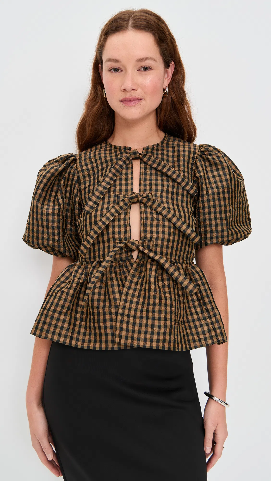 GANNI Crinkled Taffeta Check Peplum Blouse Tobacco Brown