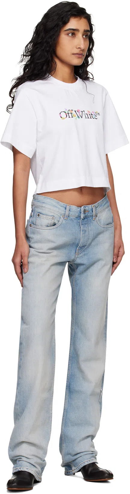 OFF-WHITE Floral Graphic Cropped Crew Neck Top In White