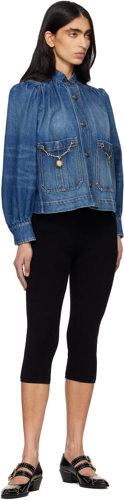 CHLOÉ Blue Jacket With High Neck And Chain Detail On The Front In Denim Woman
