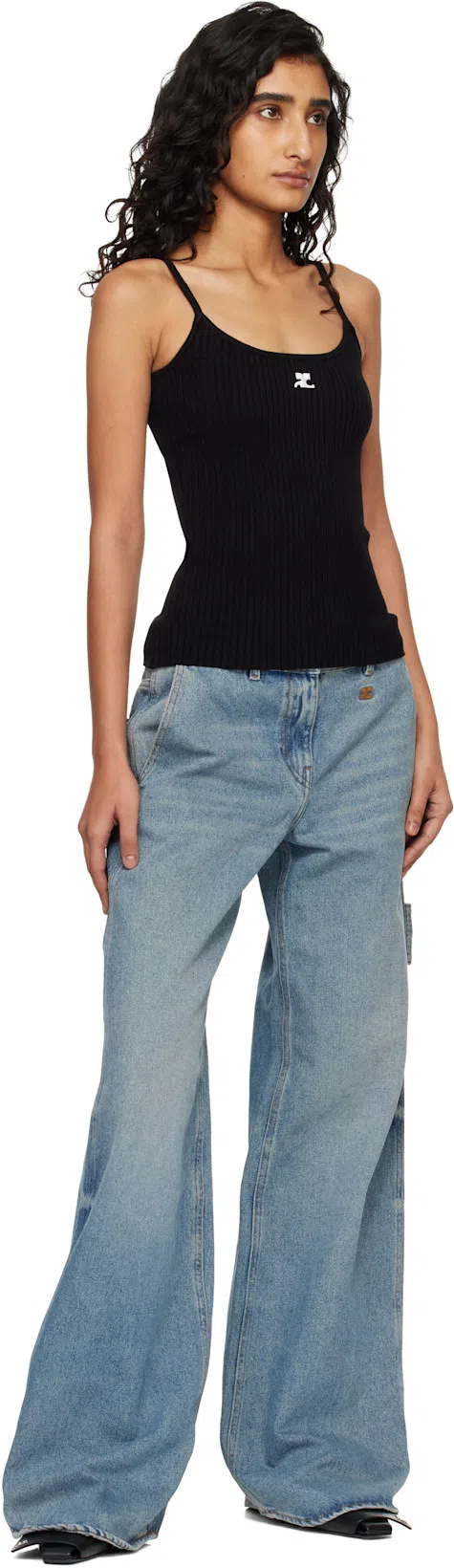 COURRÈGES Ribbed Spaghetti Strap Top With Elegant Logo Detail And Luxurious Fabric Blend In Black