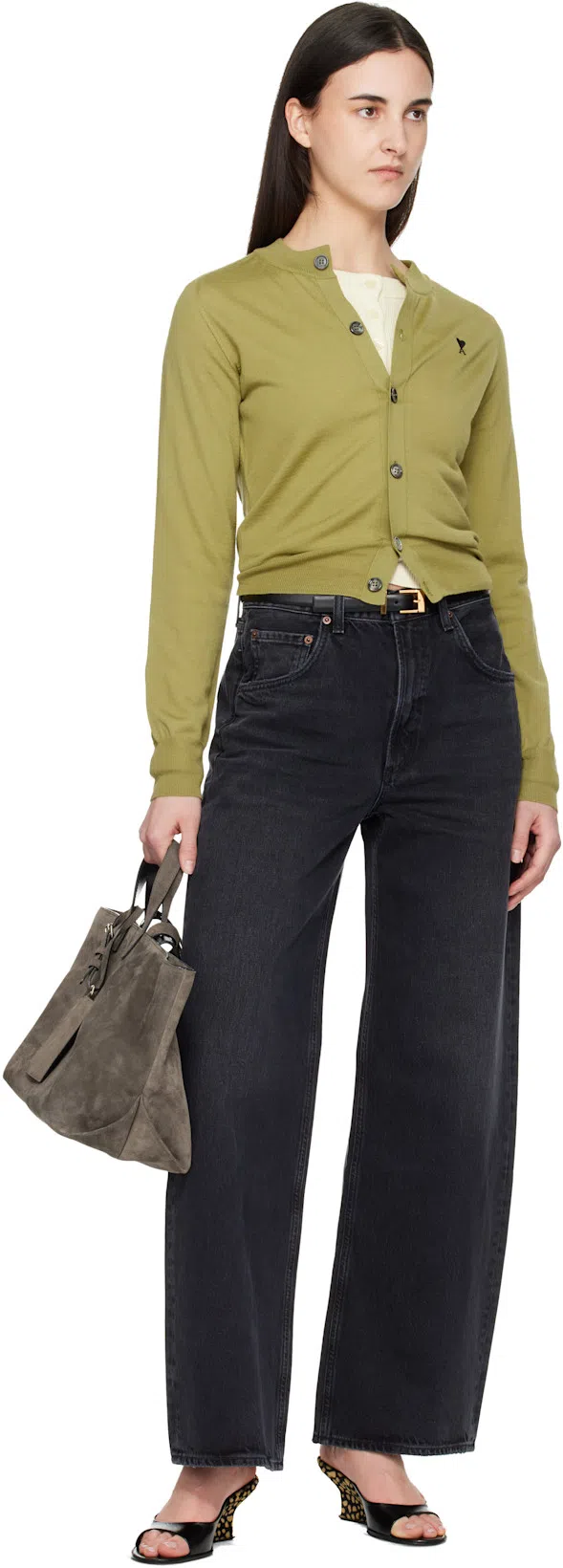 AMI ALEXANDRE MATTIUSSI Green Wool Crewneck Ami De Coeur Cardigan Green In Gold