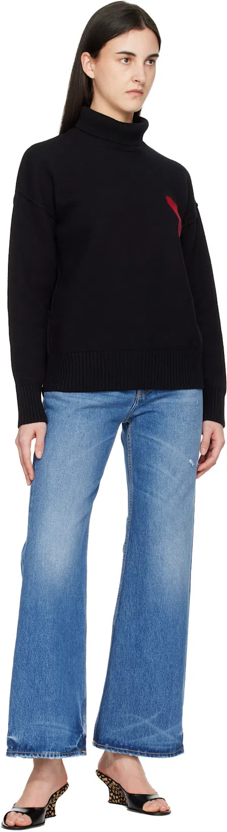AMI ALEXANDRE MATTIUSSI Ami Paris Funnel-neck Sweater With Heart Intarsia Design In Black