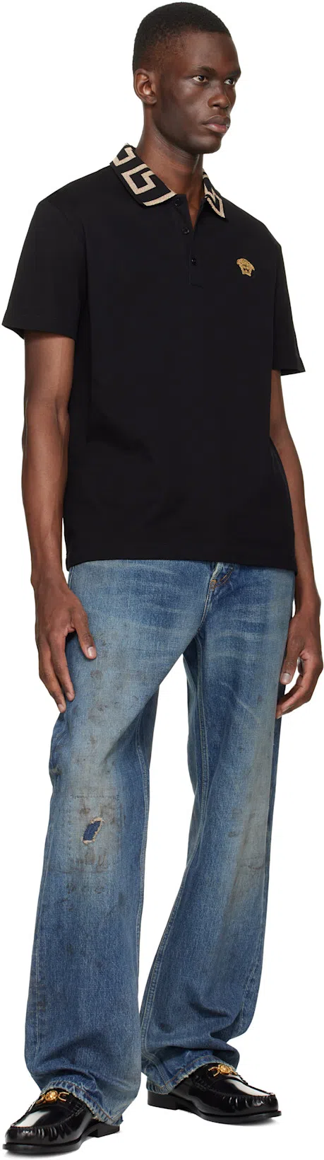 VERSACE Geometric Patterned Black Polo Shirt With Classic Placket