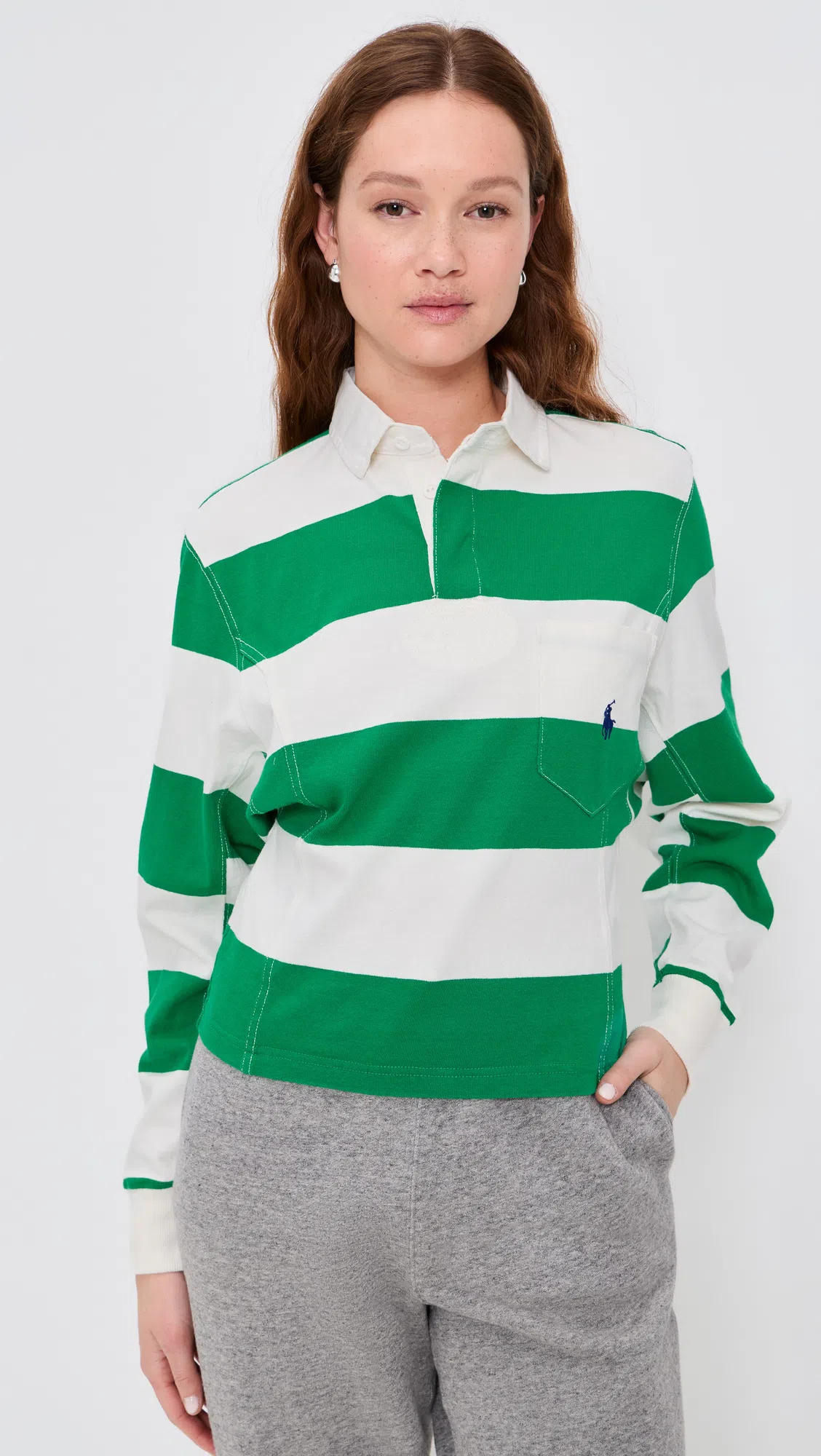 POLO RALPH LAUREN Embroidered Striped Cotton Rugby Shirt In Green