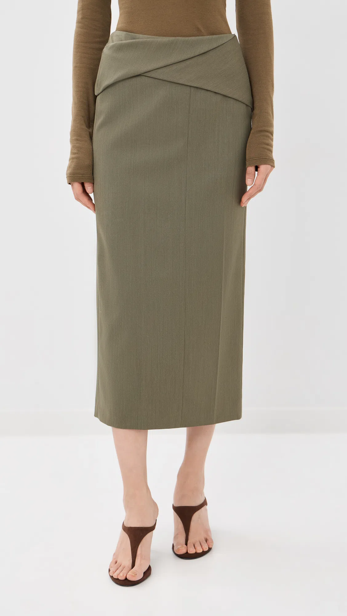 VICTORIA BECKHAM Wrap-detail Wool-blend Midi Skirt In Green